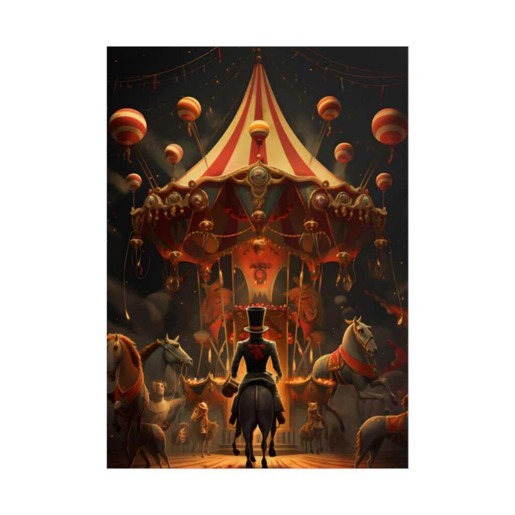 Whimsical Clockwork Circus Under Night Sky: Magical Art - Poster