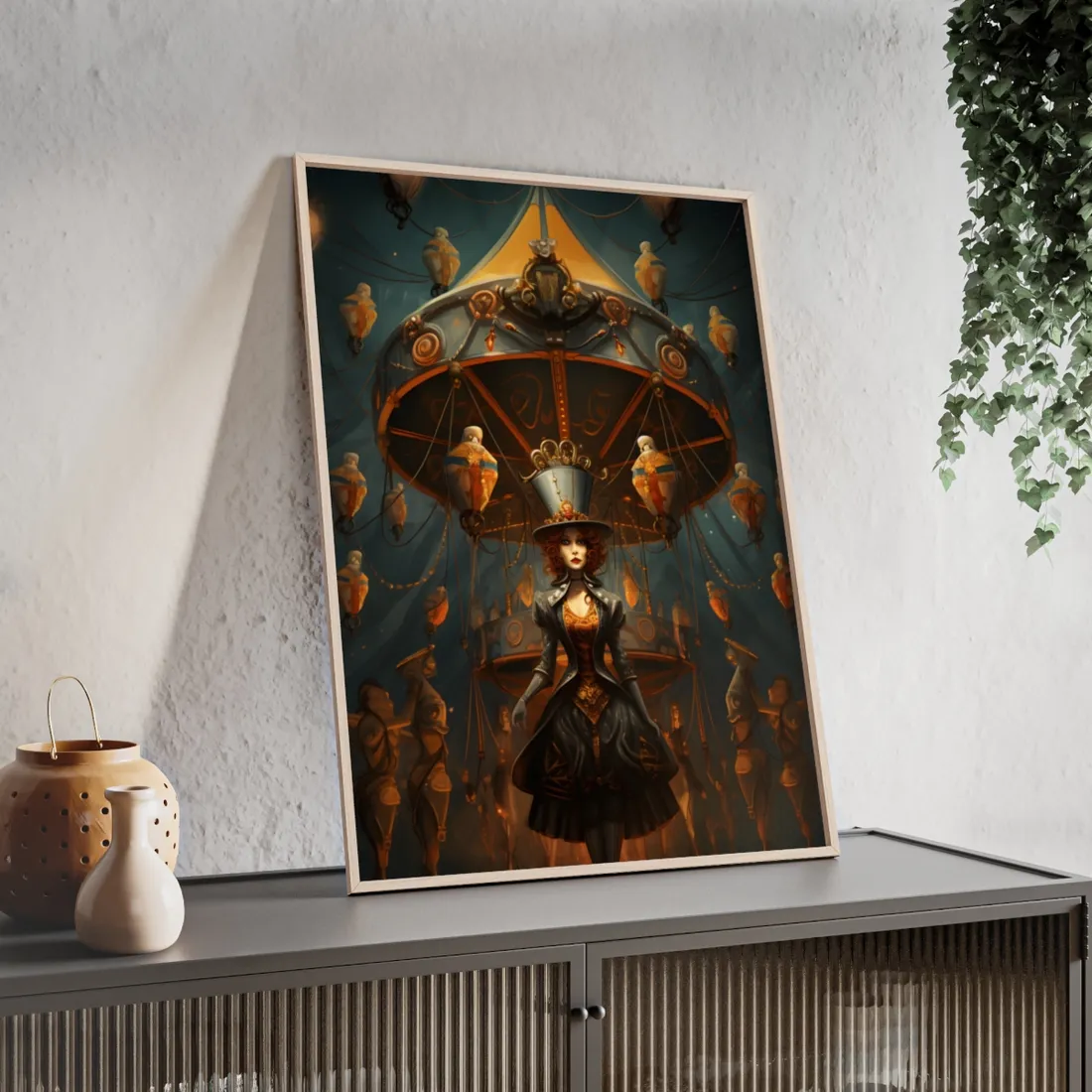 Whimsical Clockwork Circus: Vibrant Art - Framed Poster