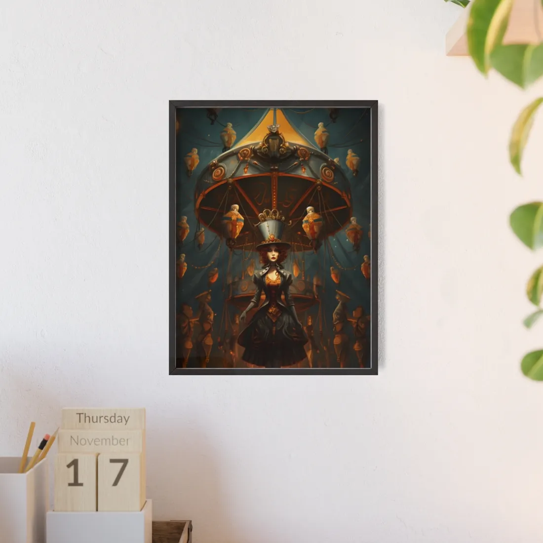 Whimsical Clockwork Circus: Vibrant Art - Framed Poster