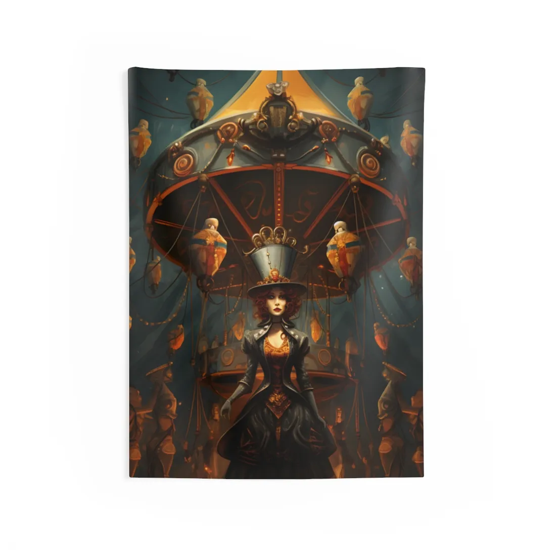 Whimsical Clockwork Circus: Vibrant Art - Wall Tapestry