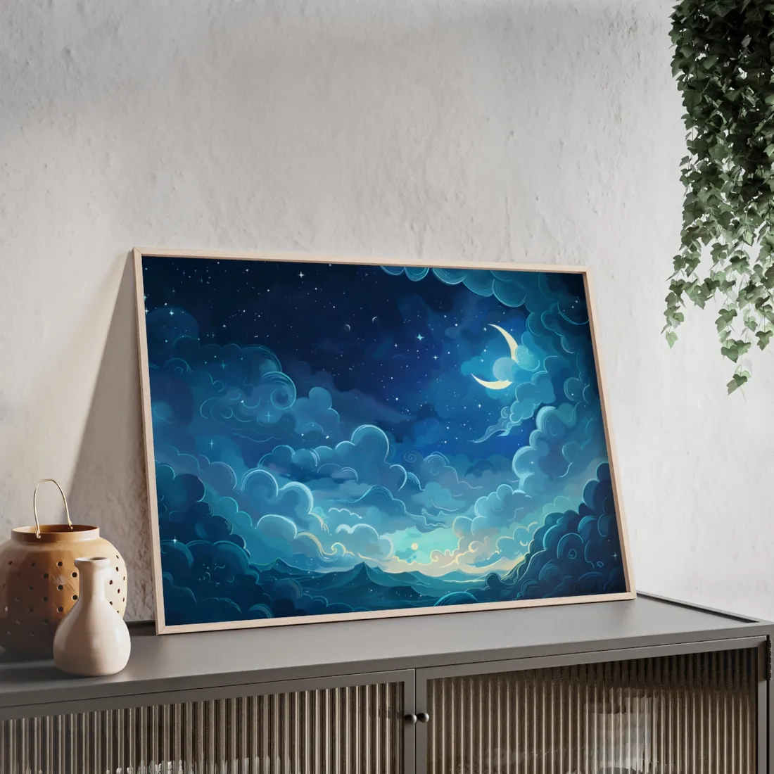 Whimsical Dreamy Night Sky: Bird in Flight Digital Art - Framed Poster