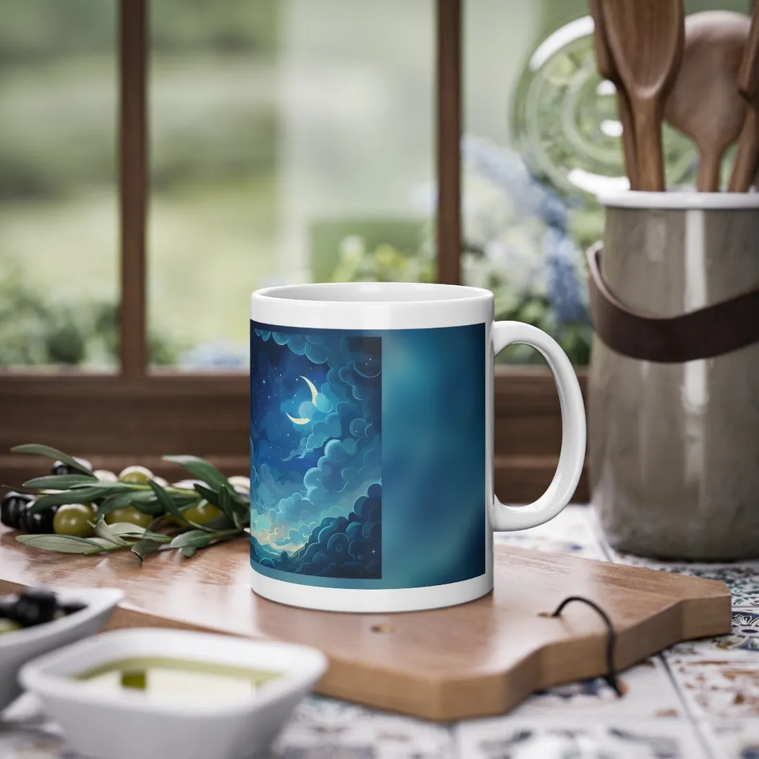 Whimsical Dreamy Night Sky: Bird in Flight Digital Art - Mug