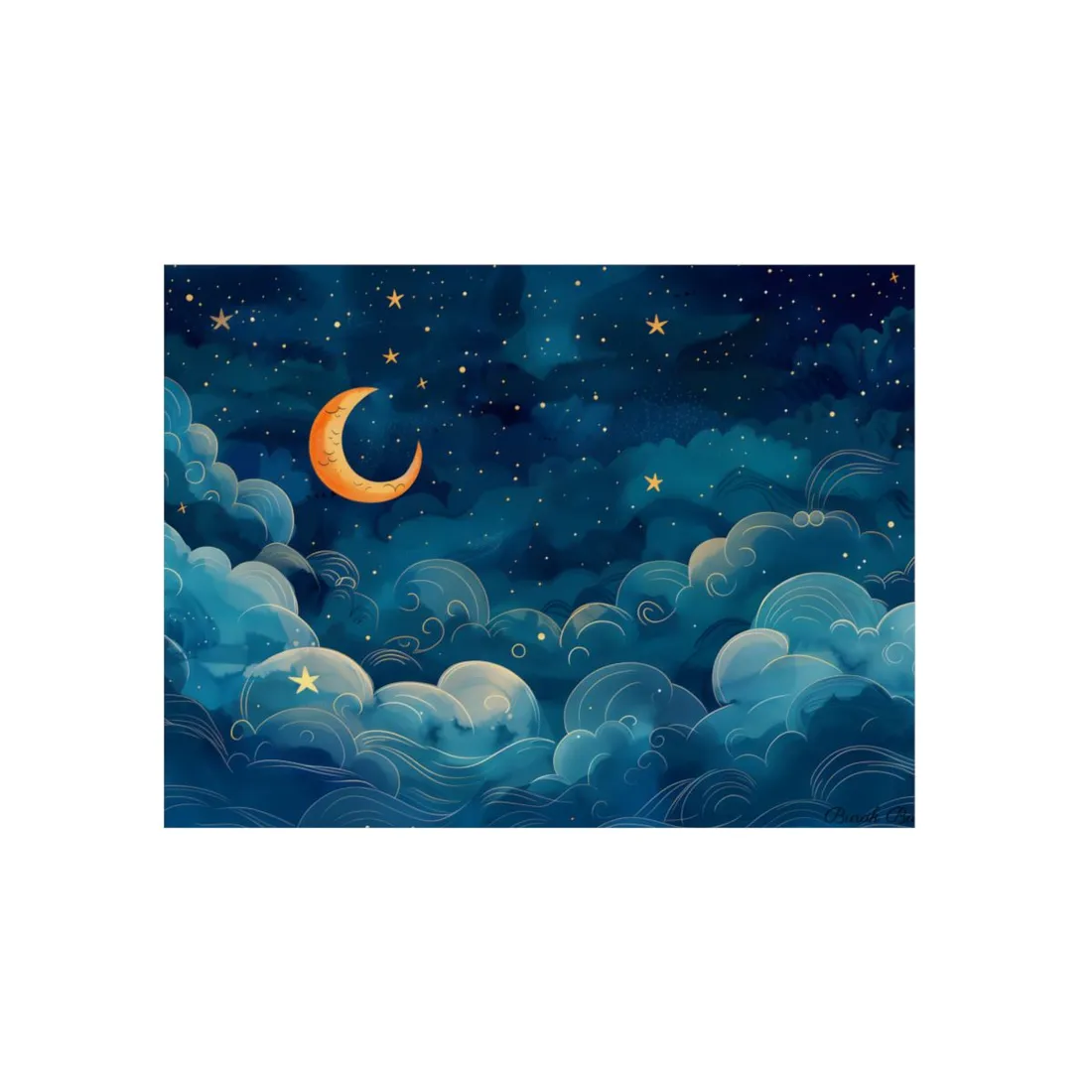 Whimsical Dreamy Night Sky: Clouds and Crescent Moon - Metal Poster