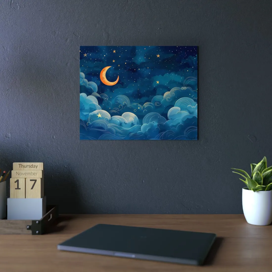 Whimsical Dreamy Night Sky: Clouds and Crescent Moon - Metal Poster