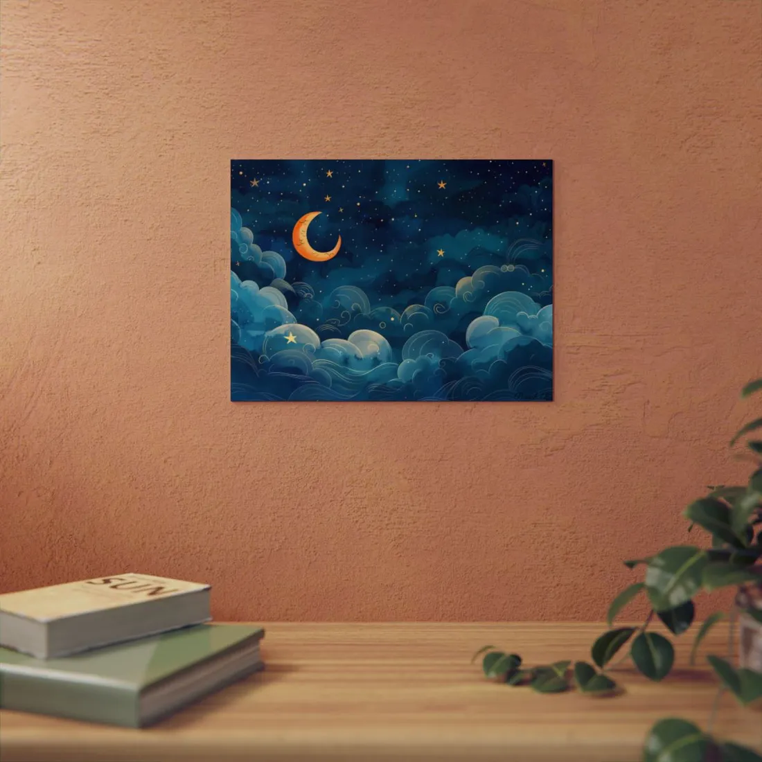 Whimsical Dreamy Night Sky: Clouds and Crescent Moon - Metal Poster