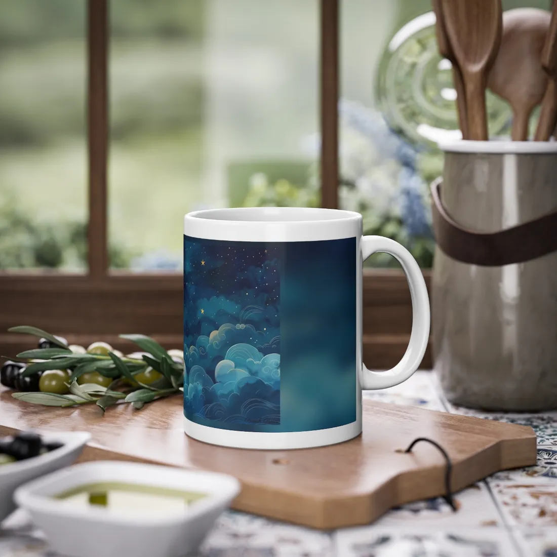 Whimsical Dreamy Night Sky: Small Town Illuminated by Pastel Stars - Mug