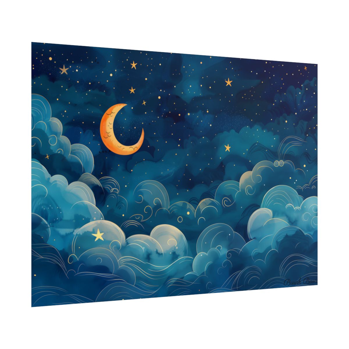 Whimsical Dreamy Night Sky: Clouds and Crescent Moon – Poster, side view