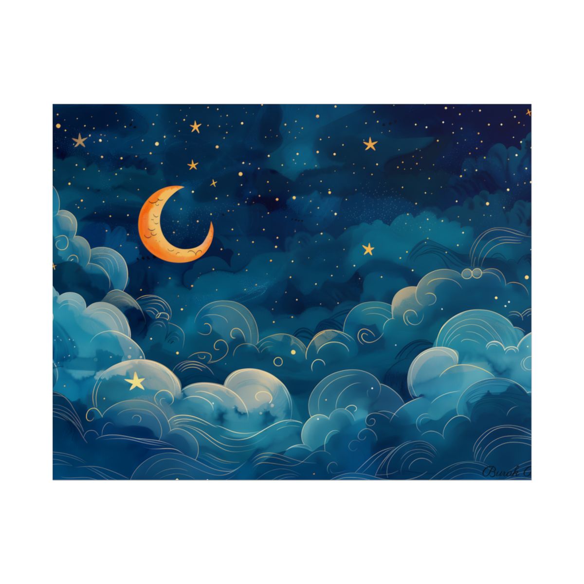Whimsical Dreamy Night Sky: Clouds and Crescent Moon – Poster, front view