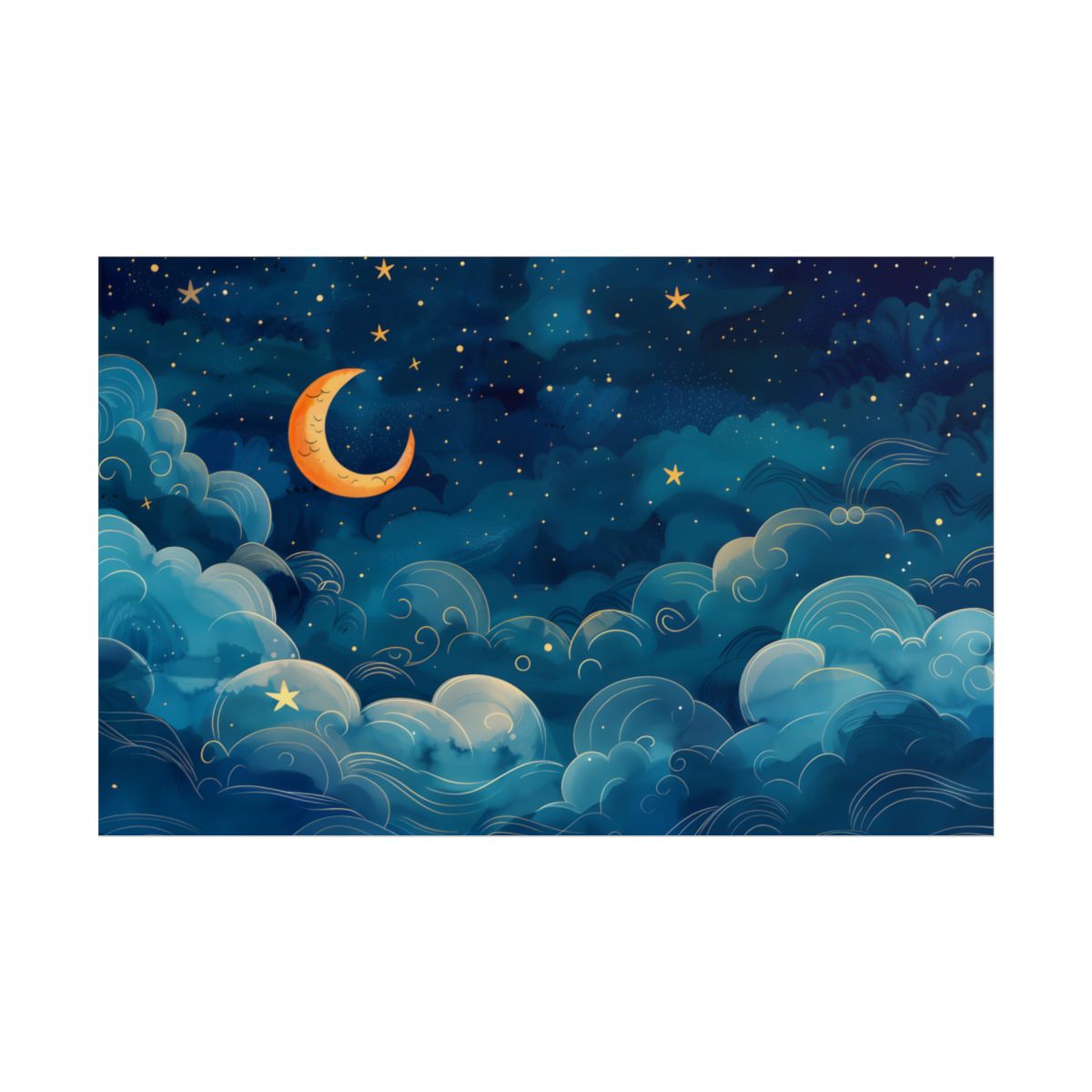 Whimsical Dreamy Night Sky: Clouds and Crescent Moon – Poster, front view