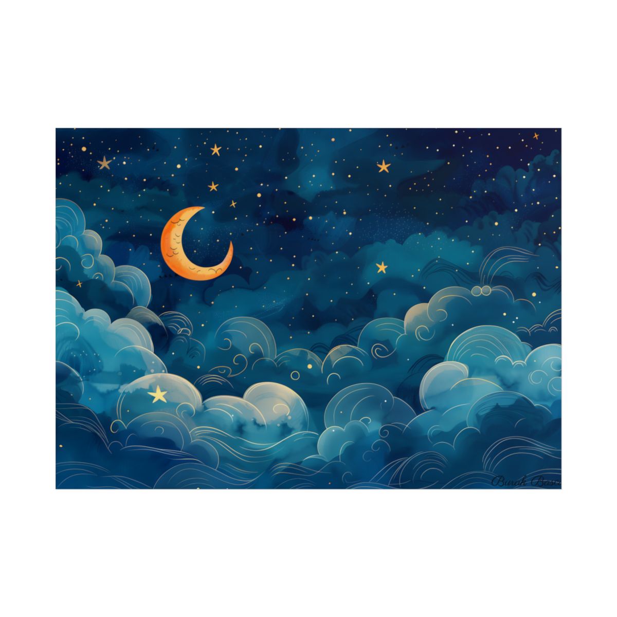Whimsical Dreamy Night Sky: Clouds and Crescent Moon – Poster, front view