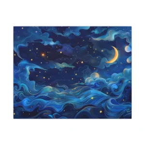 Crescent Moon over Blue Waves Canvas Print