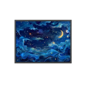 Crescent Moon over Blue Waves Framed Poster