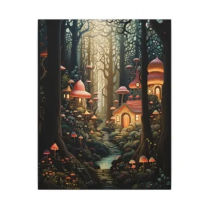 Mushroom Houses in a Forest Canvas Print