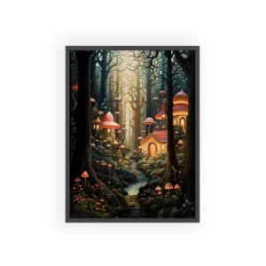 Mushroom Houses in a Forest Framed Poster
