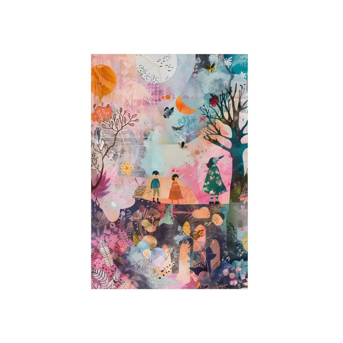 Whimsical Forest Walk: Children in Pastel Storybook Scene - Metal Poster