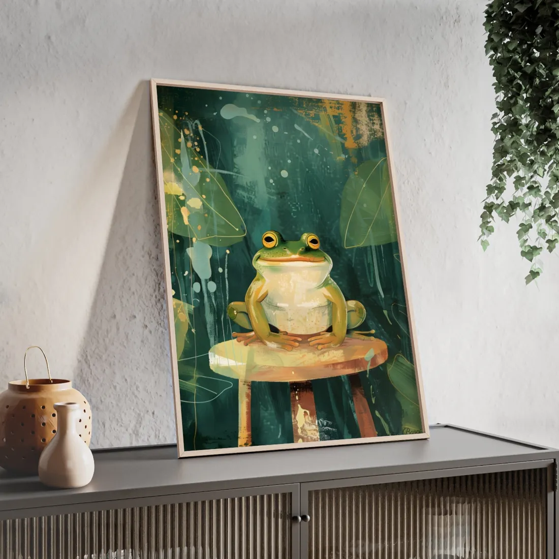 Whimsical Frog Cartoon: Colorful Ta - Framed Poster