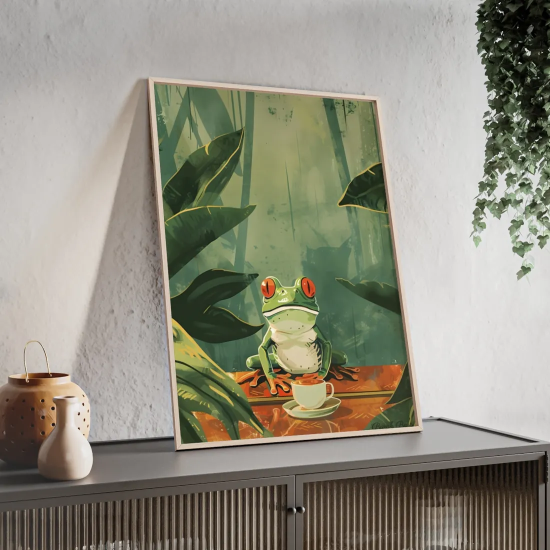 Whimsical Frog Illustration: Tree Branch - Framed Poster