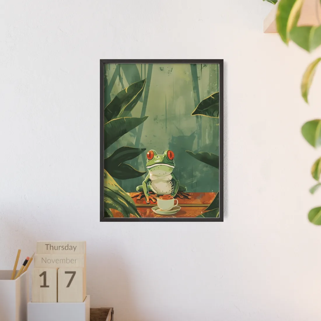 Whimsical Frog Illustration: Tree Branch - Framed Poster