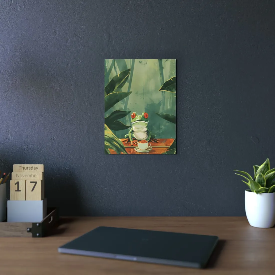 Whimsical Frog Illustration: Tree Branch - Metal Poster