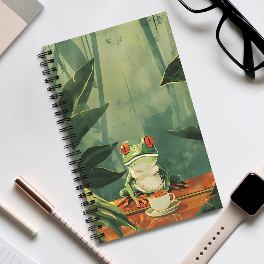 Whimsical Frog Illustration: Tree Branch - Spiral Notebook