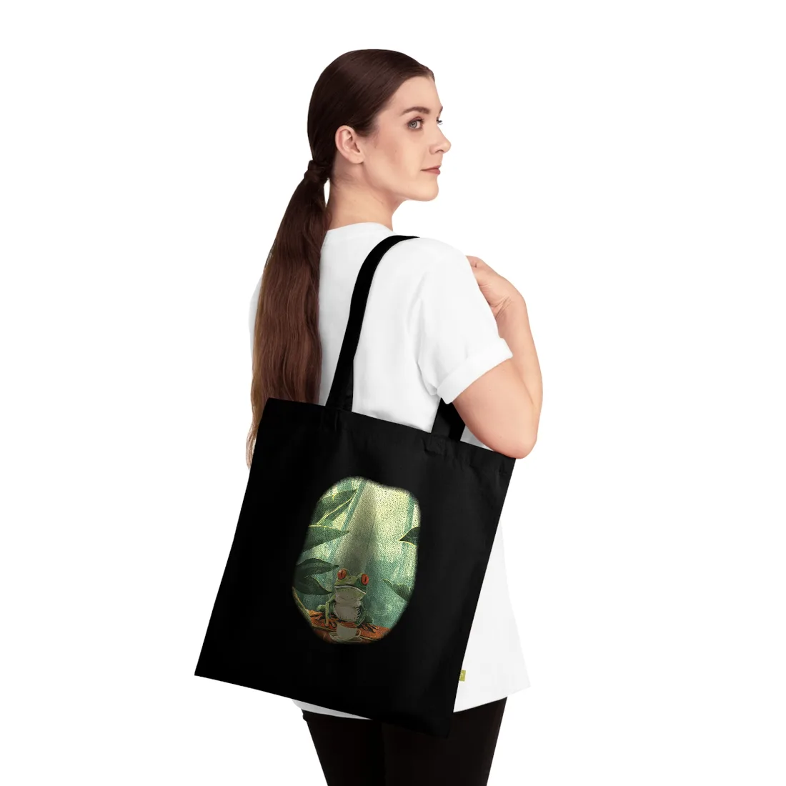 Whimsical Frog Illustration: Tree Branch - Tote Bag (Black)