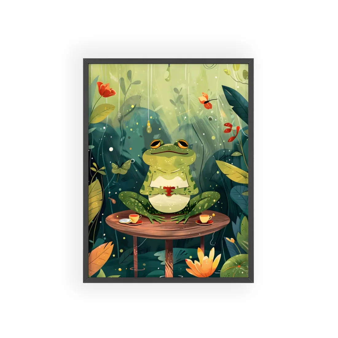 Whimsical Frog on Water: Playful Lily Pad - Framed Poster