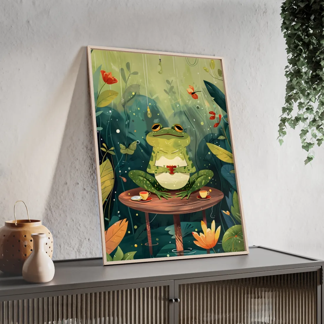 Whimsical Frog on Water: Playful Lily Pad - Framed Poster