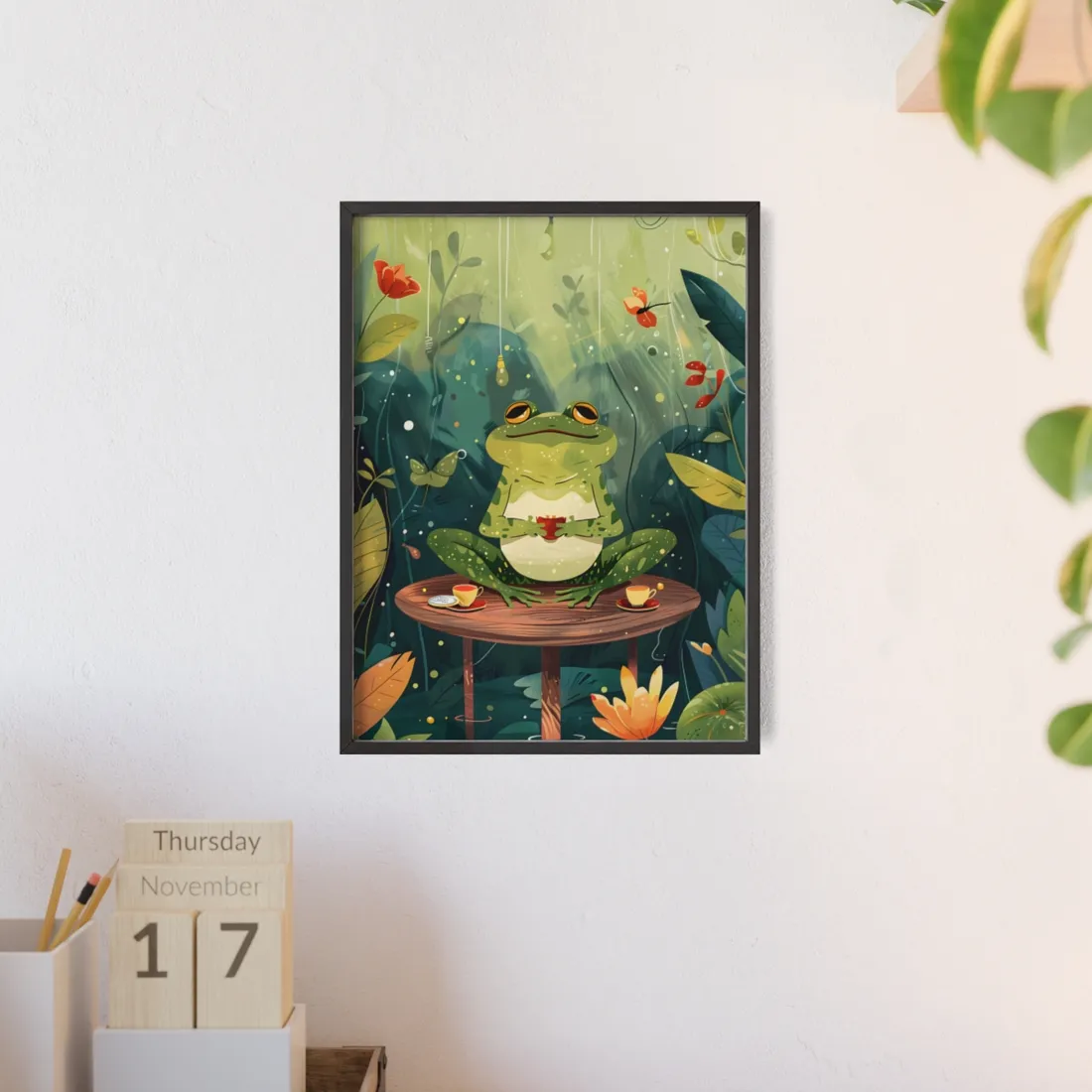 Whimsical Frog on Water: Playful Lily Pad - Framed Poster