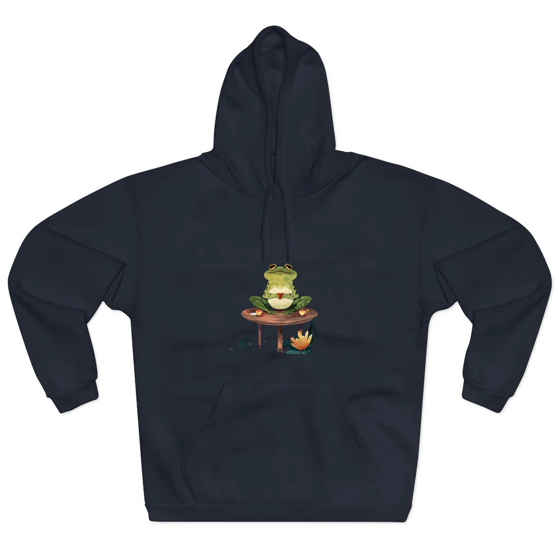 Whimsical Frog on Water: Playful Lily Pad - Hoodie (Navy)