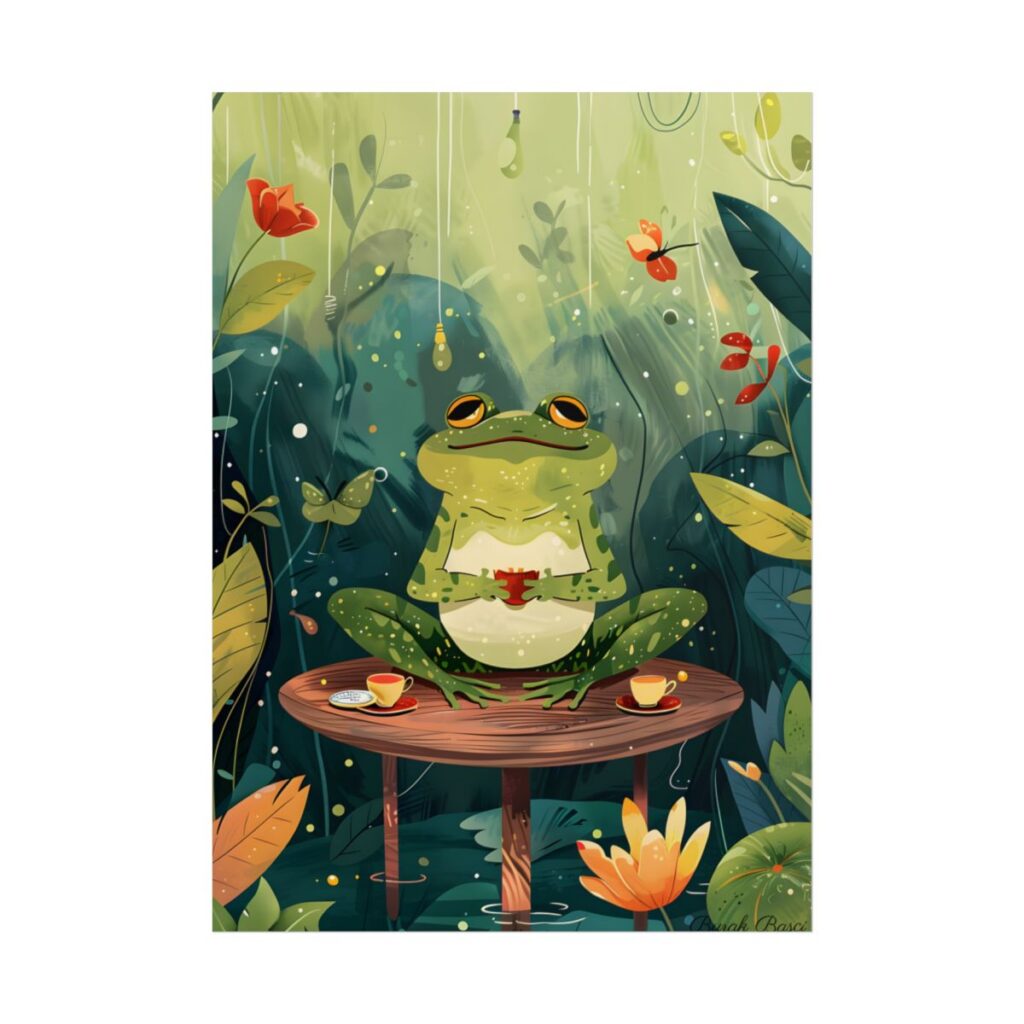 Whimsical Frog on Water: Playful Lily Pad Illustration - Poster