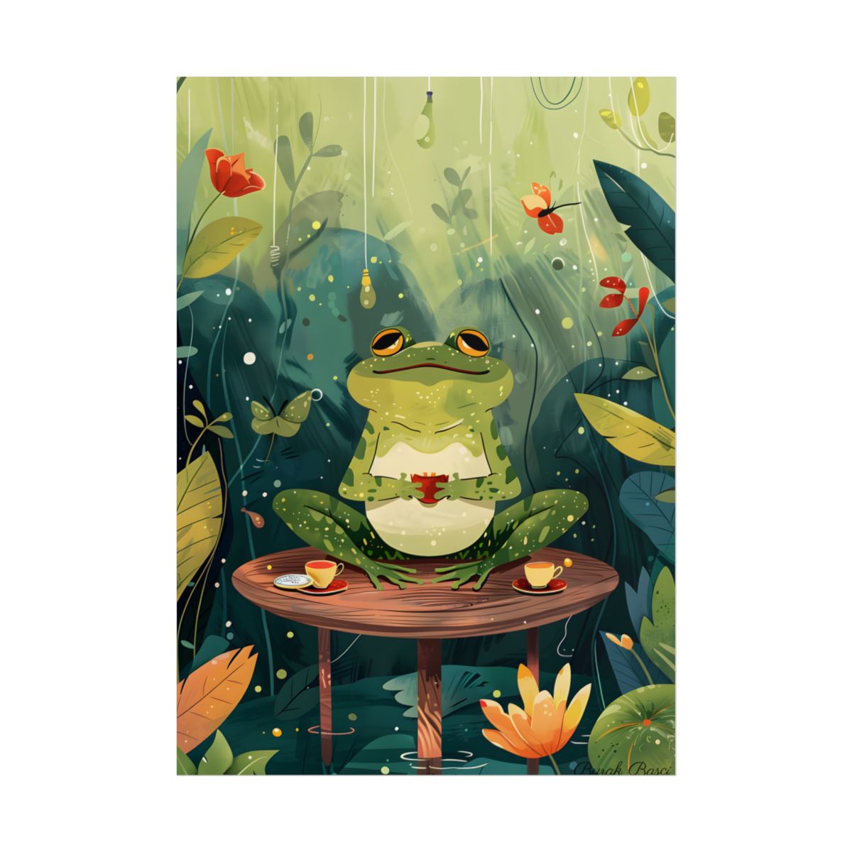 Whimsical Frog on Water: Playful Lily Pad Illustration - Poster
