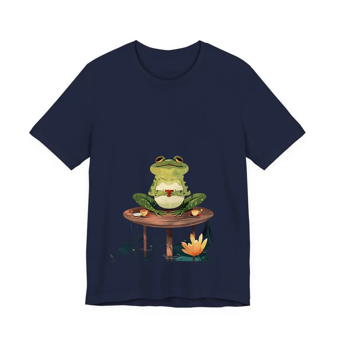Whimsical Frog on Water: Playful Lily Pad - T-Shirt (Navy)