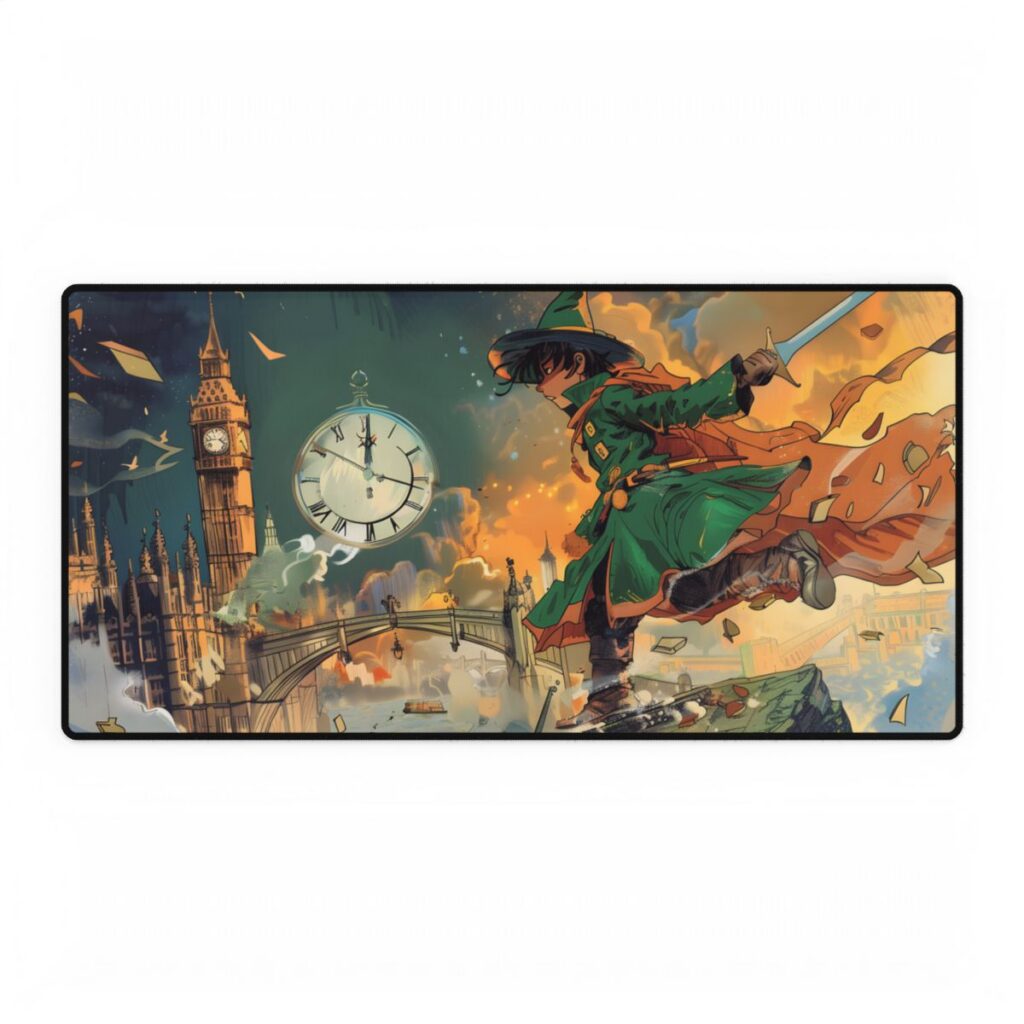 Whimsical Green Tunic Boy: Mischievous Illustration - Desk Mat