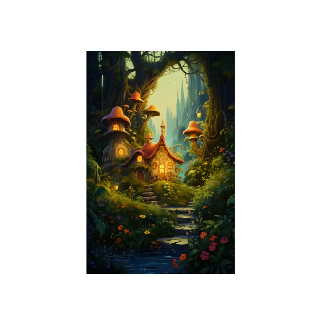 Whimsical Mushroom Cottage in Enchanted Forest - Metal Poster