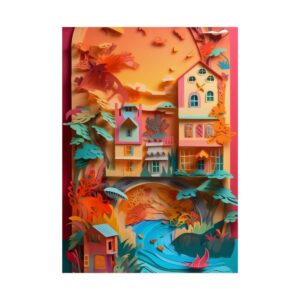 Layered Paper Village Sunset Poster