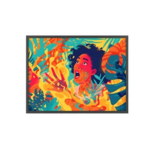 Startled Woman Among Tropical Leaves Framed Poster