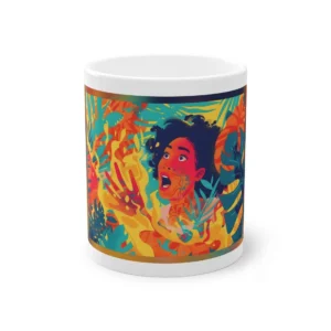 Startled Woman Among Tropical Leaves Mug