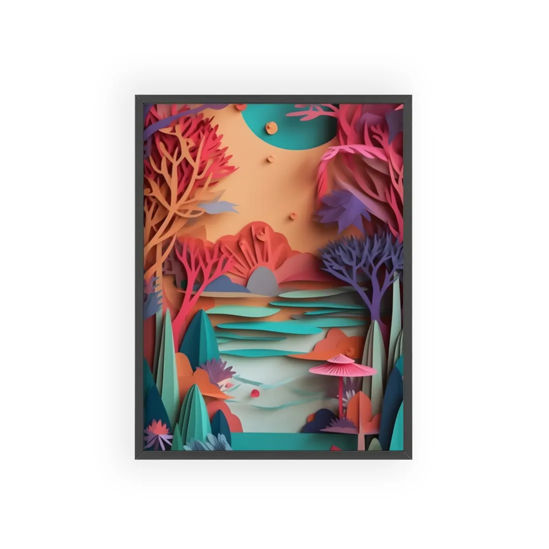 Whimsical Quilling Japanese Landscape: Intricate Paper Art Design - Framed Poster
