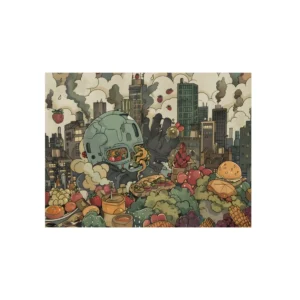 Cartoon City Skyline with Food Metal Poster