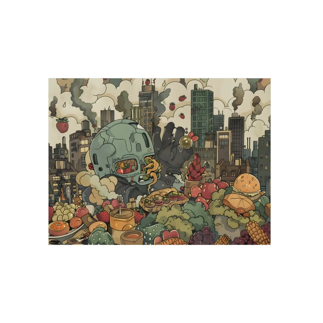 Whimsical Urban Collage: Cartoon Cityscape with Quirky Characters - Metal Poster