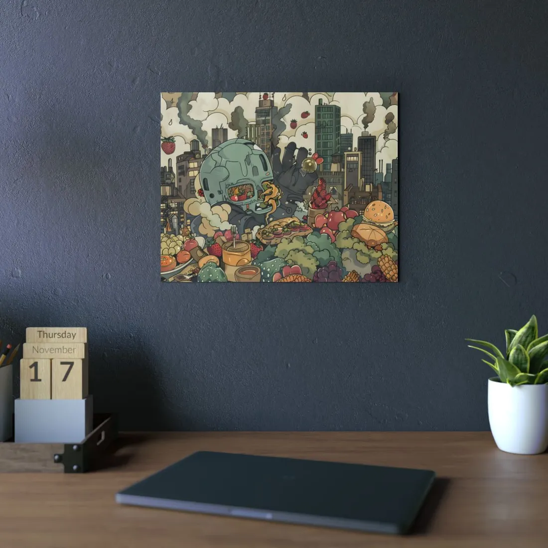 Whimsical Urban Collage: Cartoon Cityscape with Quirky Characters - Metal Poster