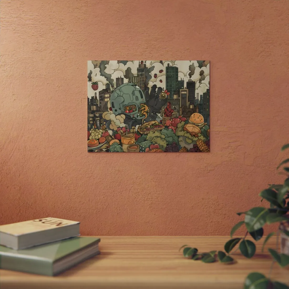 Whimsical Urban Collage: Cartoon Cityscape with Quirky Characters - Metal Poster