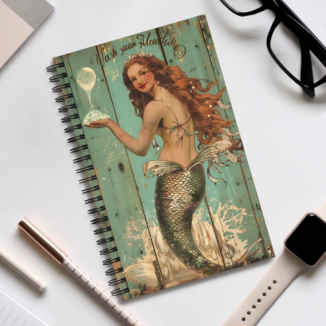 Whimsical Vintage Mermaid: A Soap Bubble Serenade - Spiral Notebook