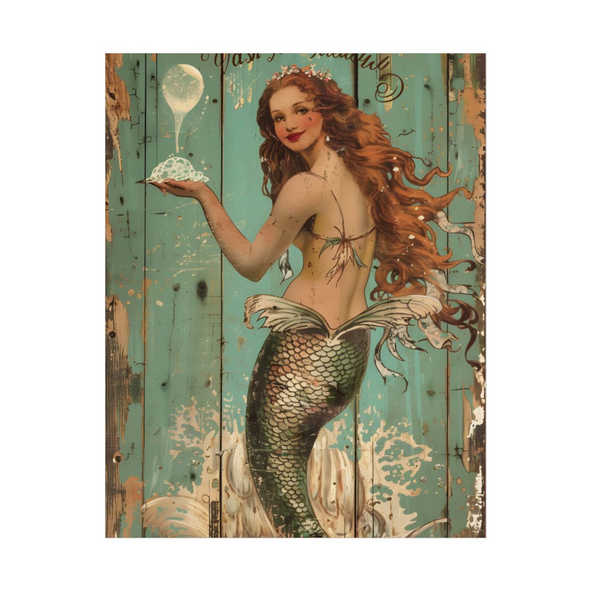 Vintage Mermaid Illustration: Flowing Hair and Fish Tail – Poster, front view
