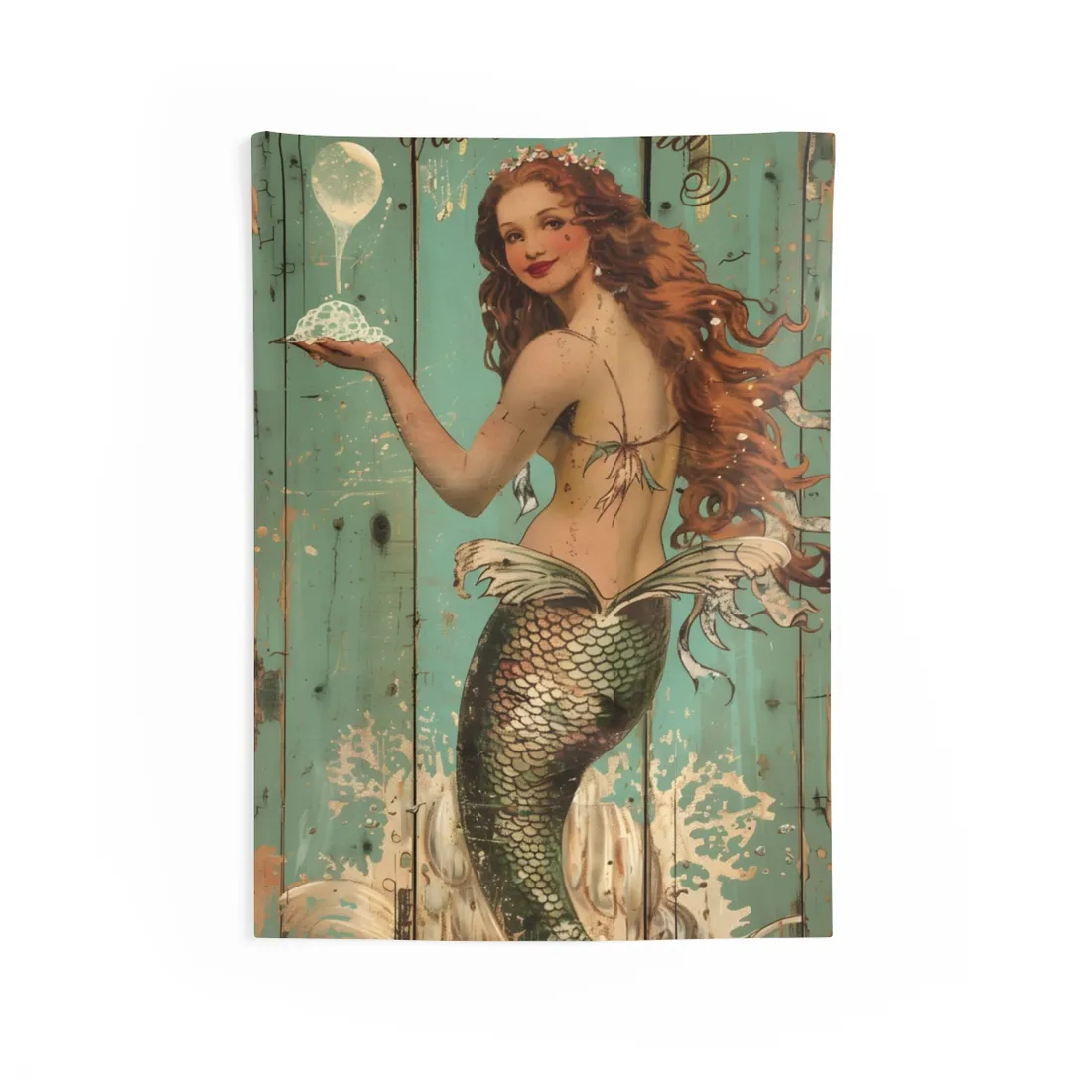 Whimsical Vintage Mermaid: A Soap Bubble Serenade - Wall Tapestry