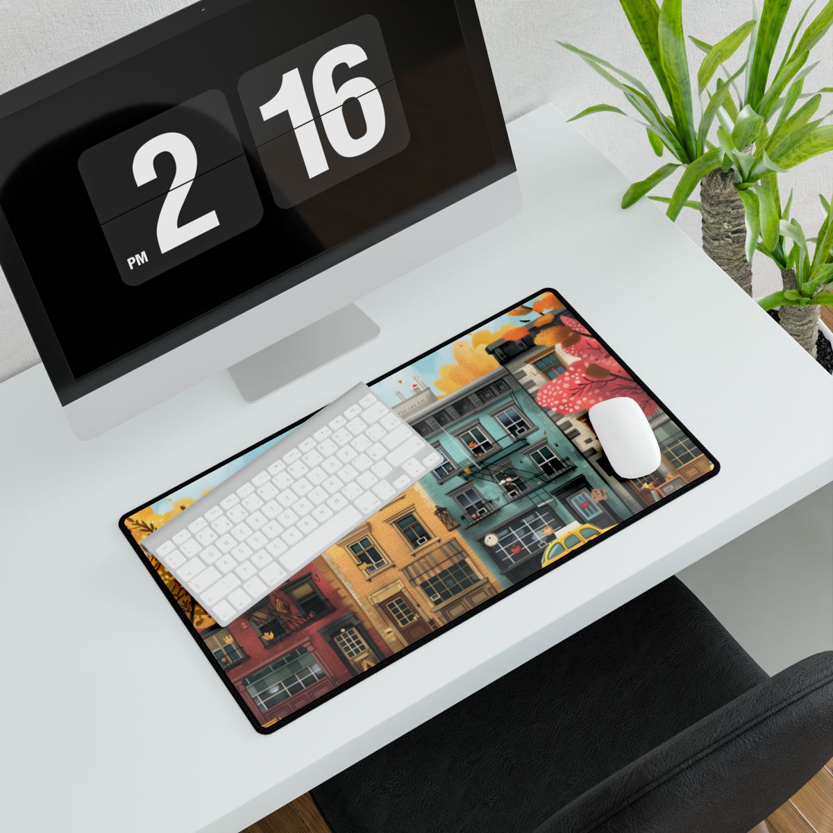 Whimsical Wonder: Playful Yellow Building Illustration - Desk Mat