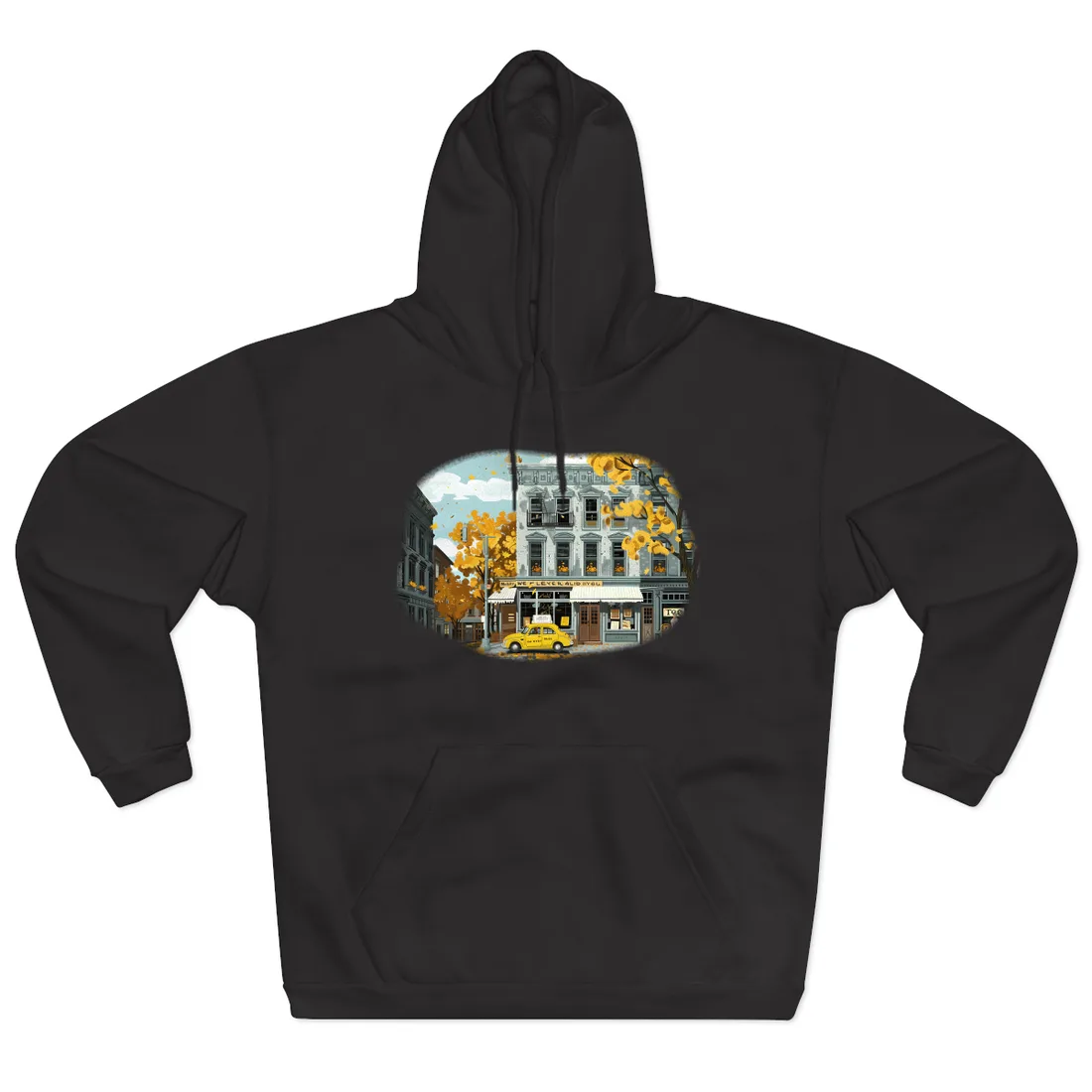 Whimsical Yellow Building: Ornate Illustration - Hoodie (Black)