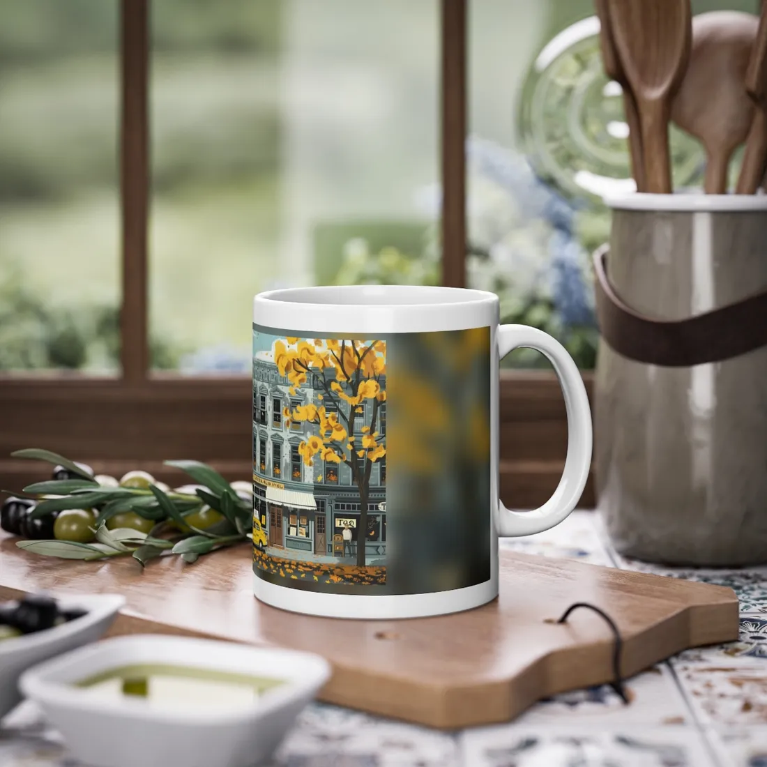 Whimsical Yellow Building: Ornate Illustration - Mug
