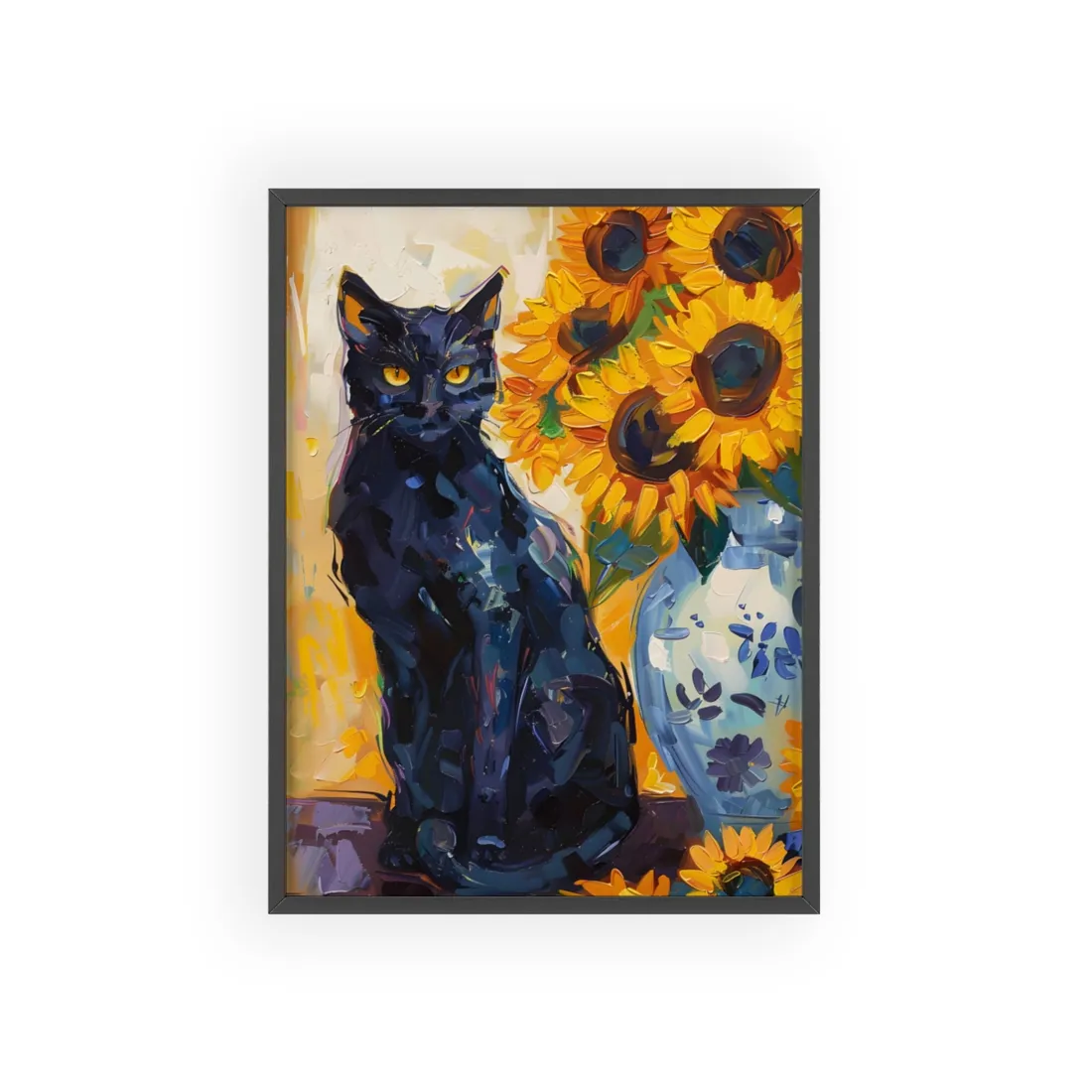 Whiskers by Sunshine: Black Cat in a Blooming Garden - Framed Poster