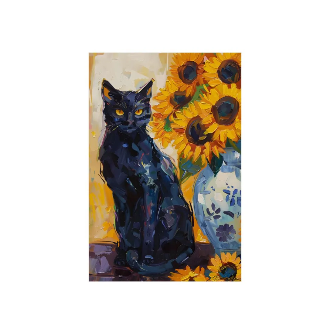 Whiskers by Sunshine: Black Cat in a Blooming Garden - Metal Poster